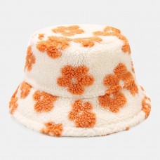 Unisex Floral Pattern Autumn Winter Outdoor Lambswool Warmth Sunshade Bucket Hat